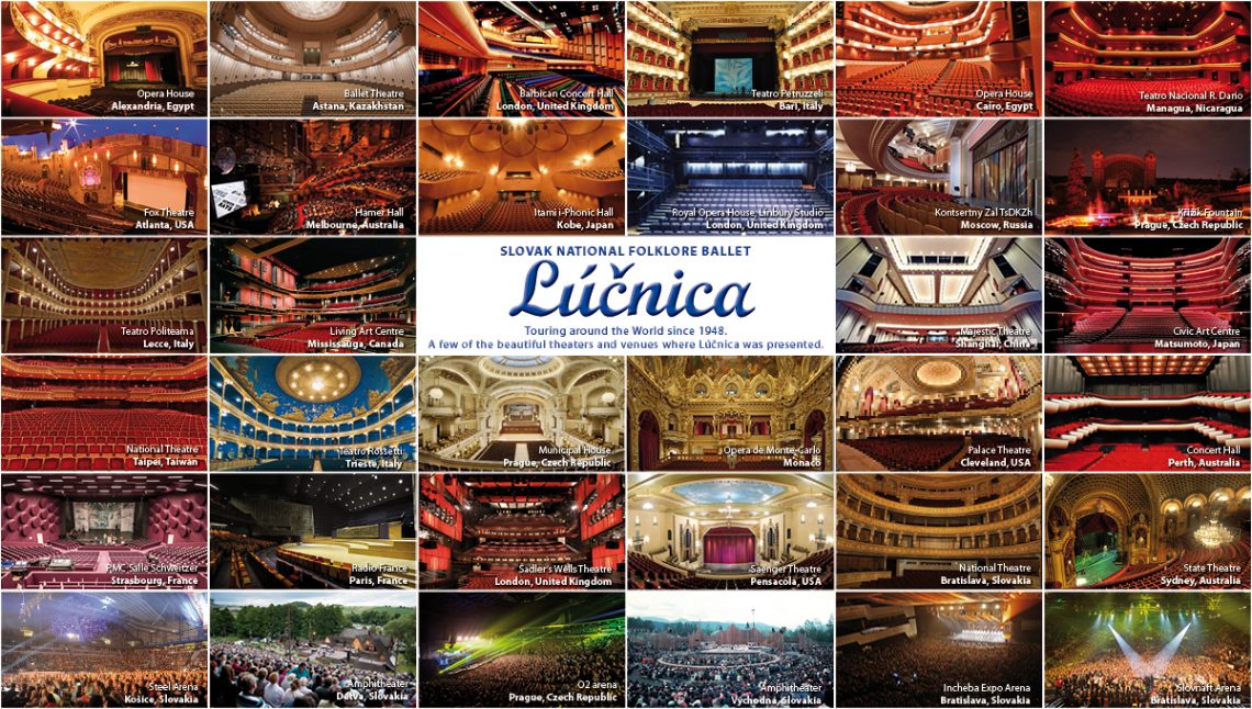 A few of the beautiful theaters and venues where Lúčnica was presented